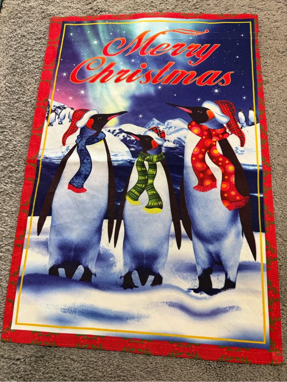 Festive Penguin Merry Christmas Holiday Garden Flag.